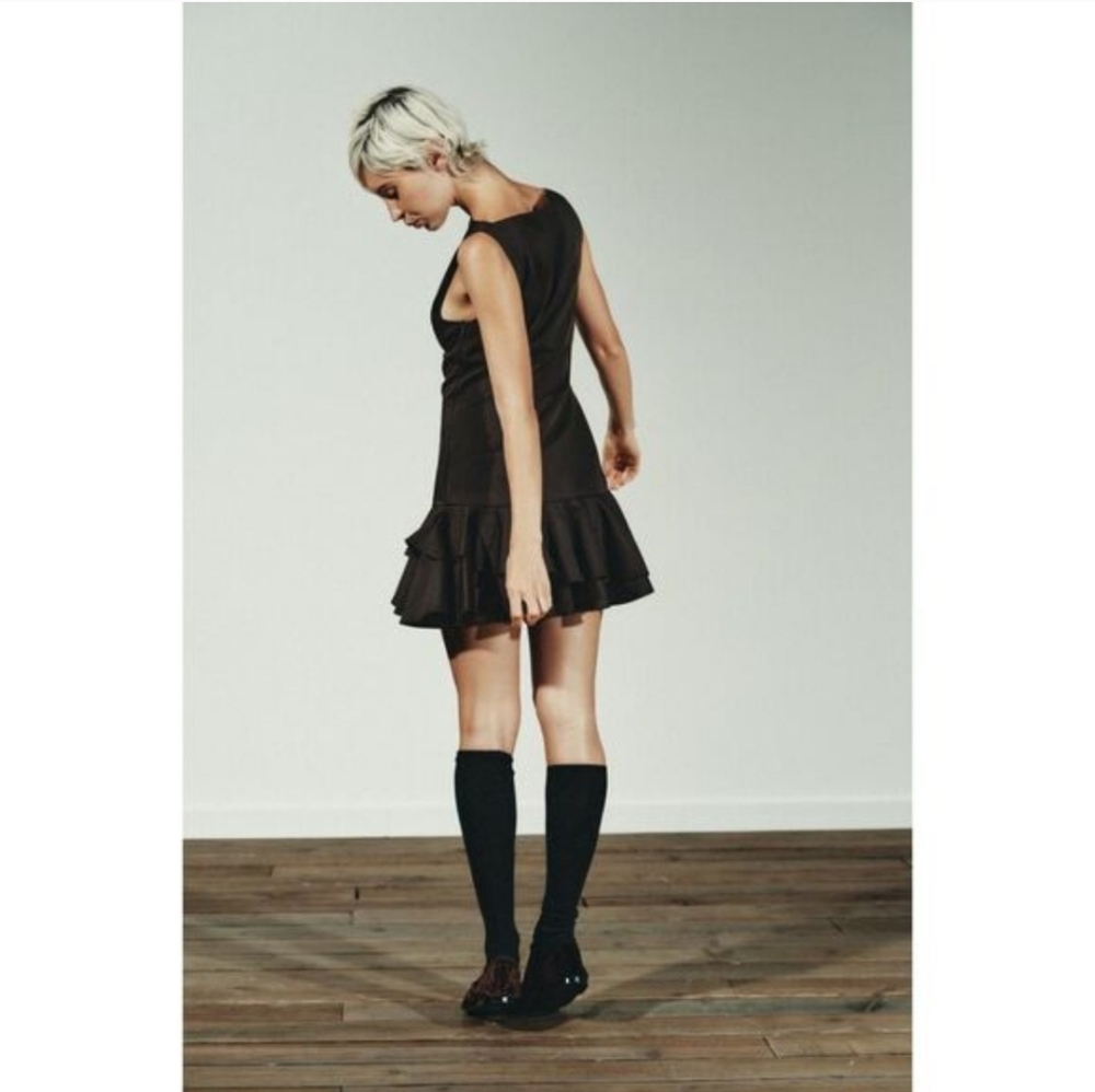 ZARA NWT Short Ruffled Dress in Chocolate Brown Size M - Picture 10 of 16